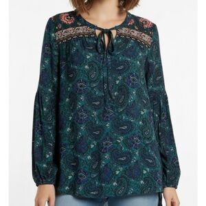 BILLABONG Hi-Lo Paisley Floral Long Sleeve Blouse, Women’s L, Teal Purple